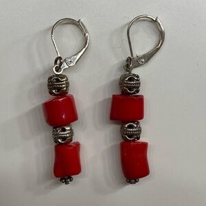 Retro Vintage Red and Silver tone Dangle Earrings